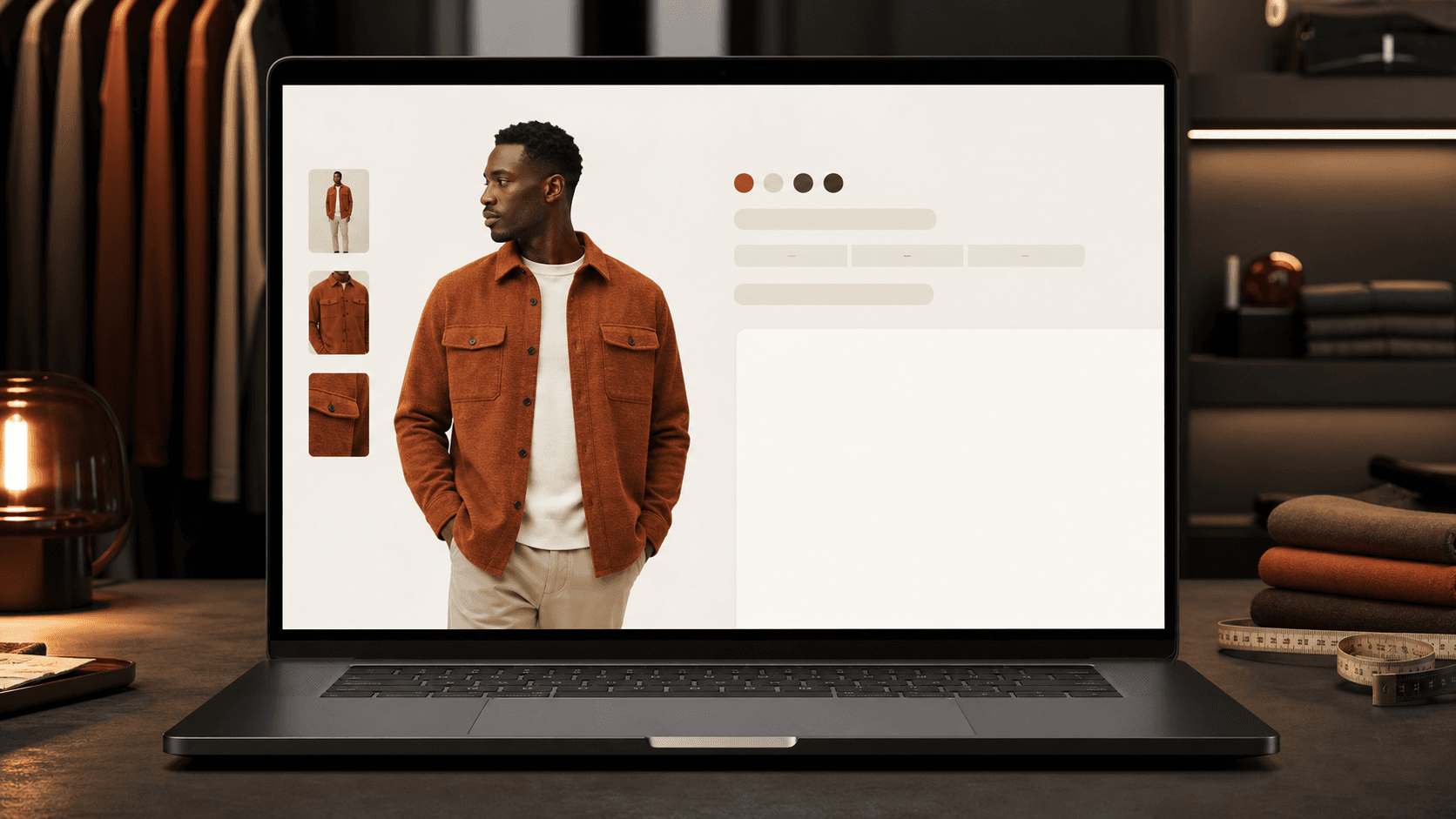 Large laptop showing an apparel product page with WooChim open