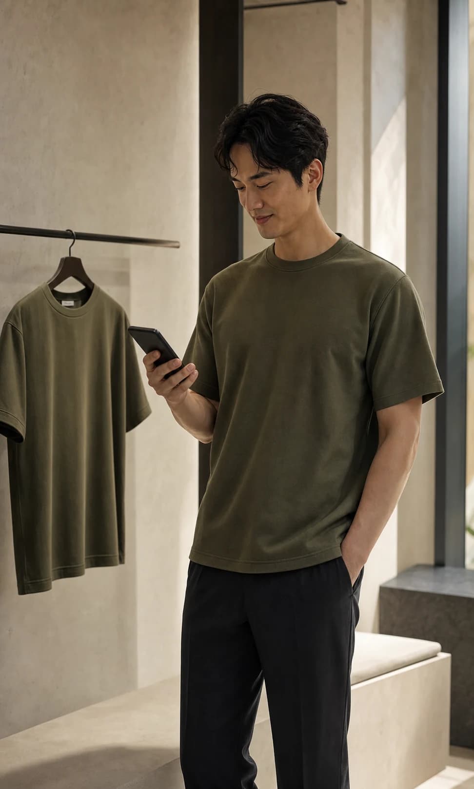 Shopper privately checking the fit of an olive T-shirt on his phone